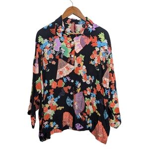 Blanque Swing Tunic Top XL (2) Asian Fan Floral Button Front Lagenlook Artsy